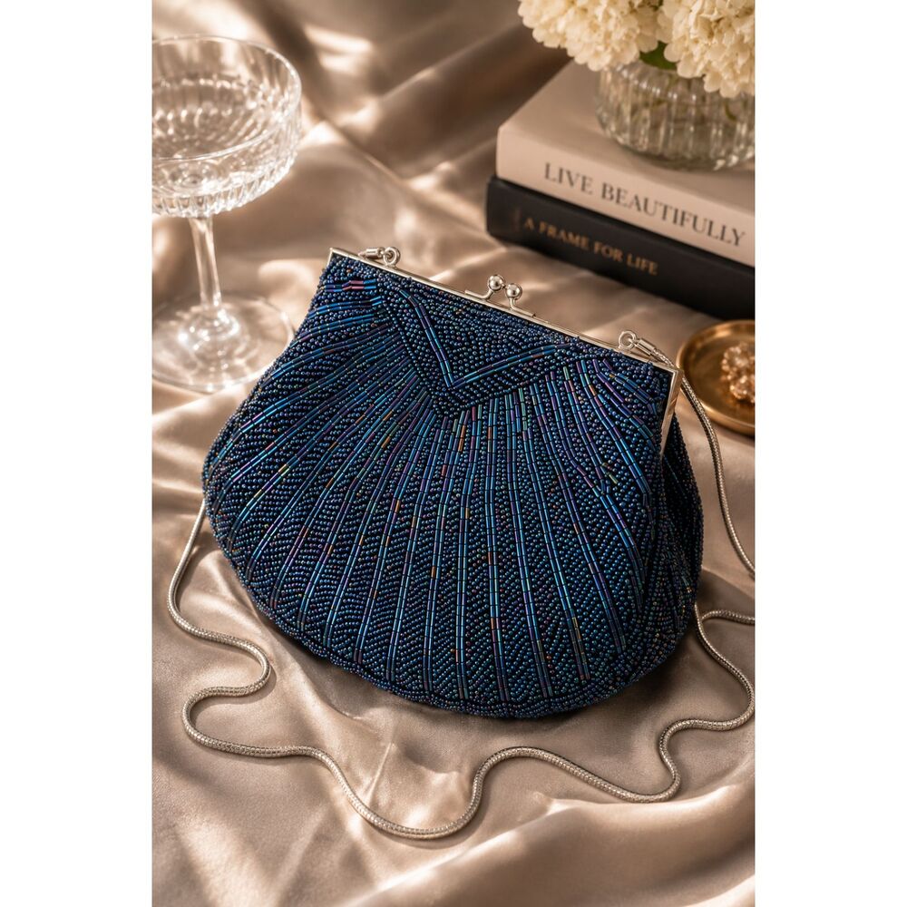 Vintage Lord & Taylor Beaded Evening Bag Navy Iridescent Art Deco Quiet Luxury